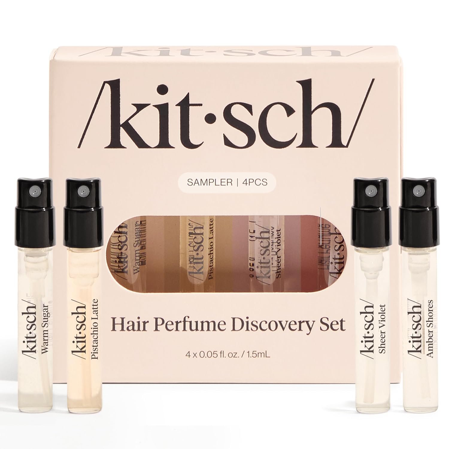 Kitsch Hair Perfume For Women (Discovery Set) – Pistachio Latte, Warm Sugar, Sheer Violet & Amber Waves – Patented Odor-Eliminating Technology, Hair Spray and Body Mist – 4 x 1.5ml