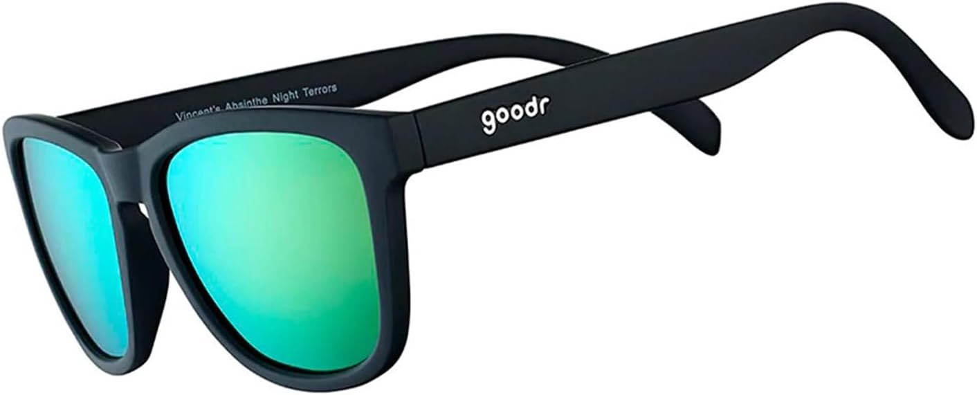 goodr Vincent’s Absinthe Night Terrors Polarized Sunglasses for Men & Women, Medium Sized (OG), Black Solid Frame with Green Gold Mirrored Reflective Lenses, UV400 Protection, No Slip, No Bounce