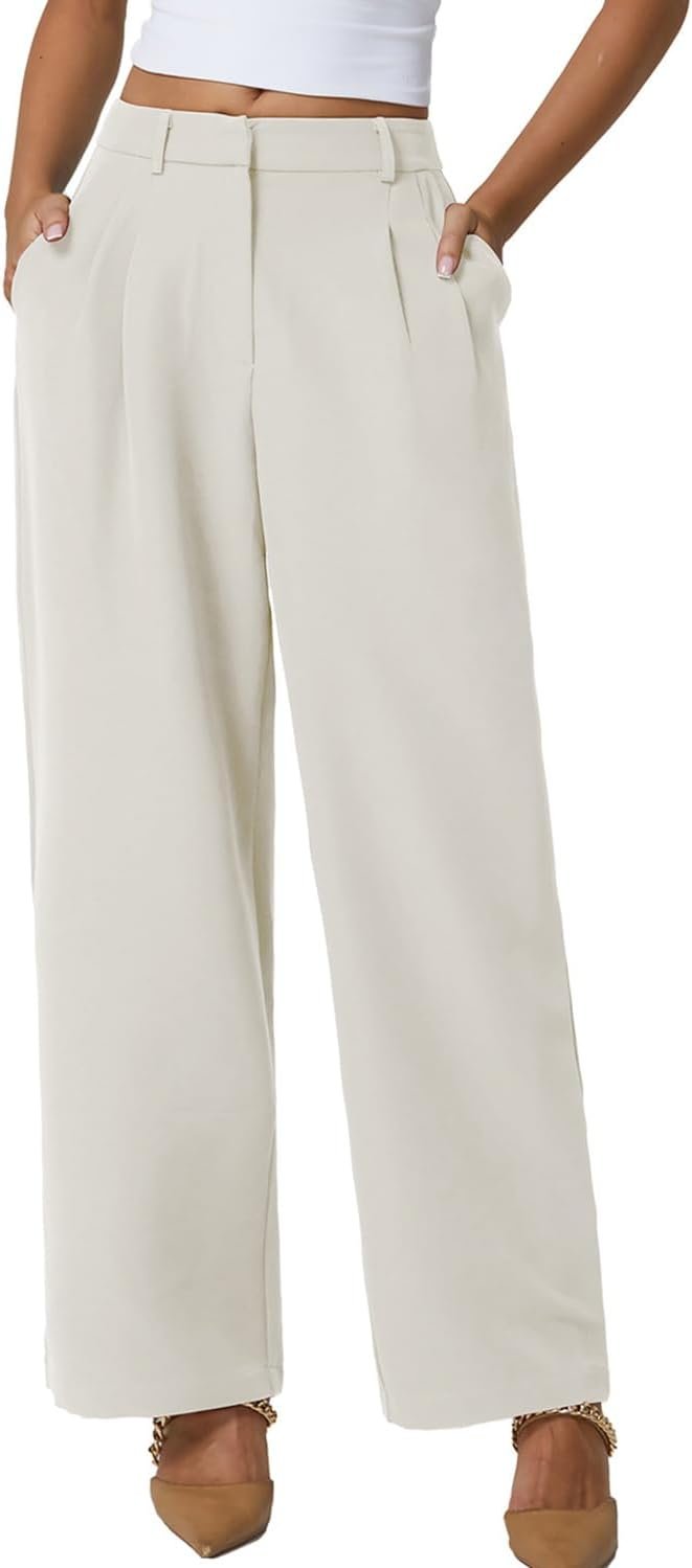 QINSEN Wide Leg Dress Pants for Women High Waisted Wrinkle Free Work Pants with Pockets Casual Slack
