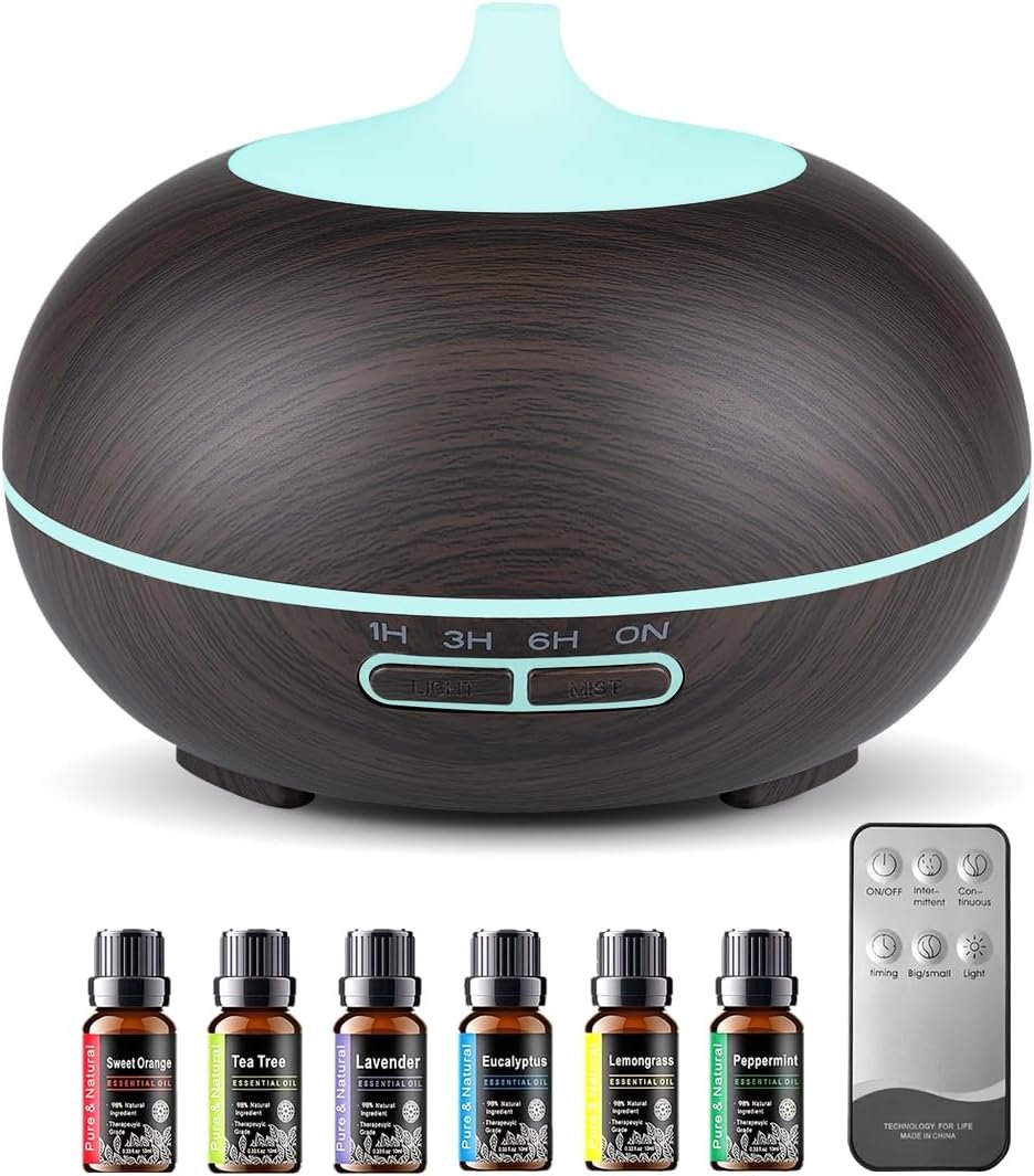 550ml Large Capacity Essential Oil Diffuser with 6 Essential Oil Set, Aromatherapy Ultrasonic Air Humidifier with Timer Setting, 7 Color LED Night Light and Waterless Auto-Off Functions for Home, Spa