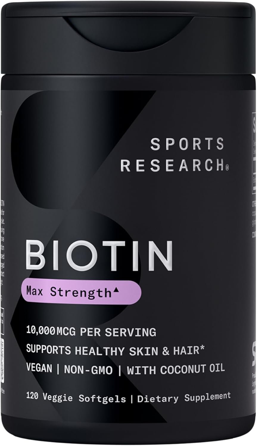Sports Research® Biotin 10,000mcg with Organic Coconut Oil – Biotin (Vitamin B7) for Healthy Skin and Hair Support* – for Women and Men – Vegan, Non-GMO, Gluten & Soy-Free – 120 Veggie Softgels