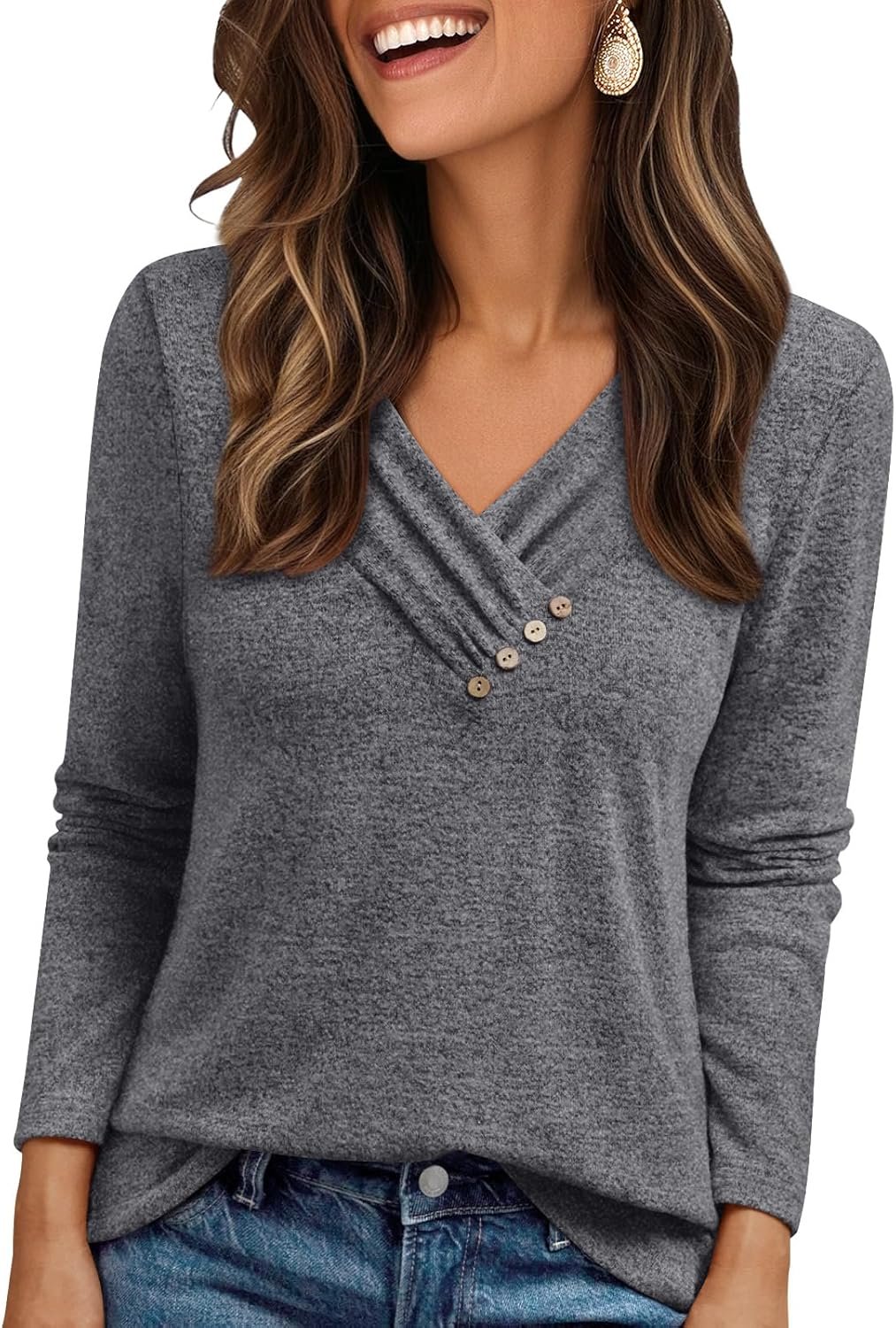 AUTOMET Womens Long Sleeve Tunic Top V Neck Button Shirts 2025 Dressy Casual Business Blouses