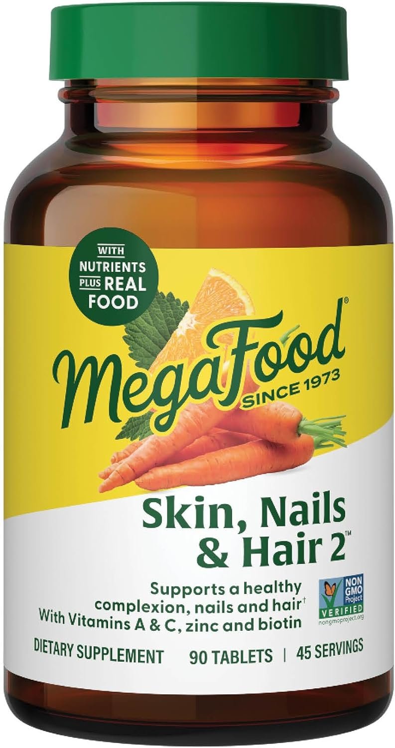 MegaFood Skin, Nails & Hair 2 – Vitamins For Women & Men – Biotin, Vitamin A, Vitamin C, Zinc, Vitamin B6, Vitamin E, Pantothenic Acid – Vegan – Made Without 9 Food Allergens – 90 Tabs (45 Servings)