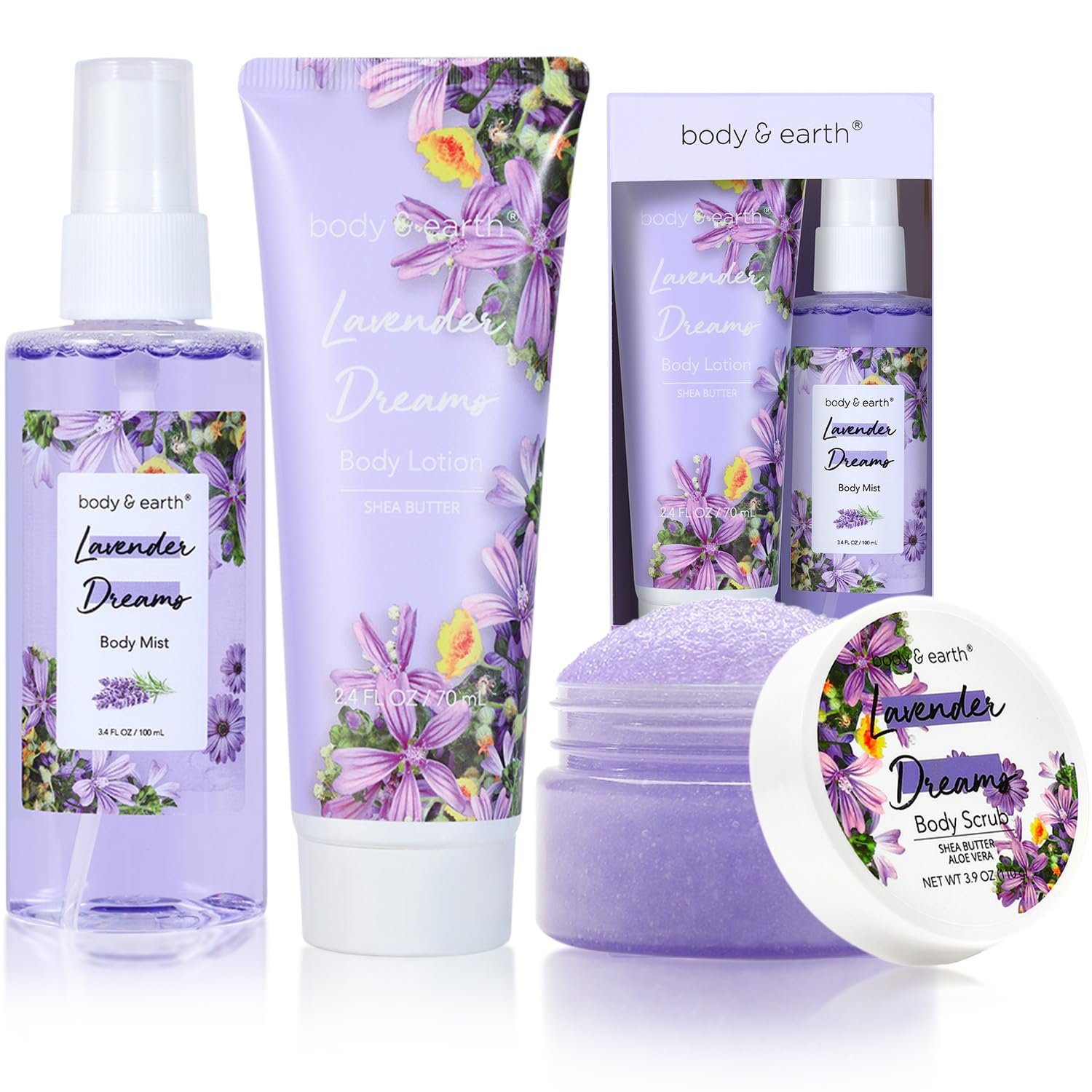 BODY & EARTH Body Mist Gift Set – Spa Gifts for Women, Perfume, Body Lotion, and Body Scrub in a Lavender Dreams Box- Perfect Birthday Gifts for Moms, and Special Occasions,Unique Gift Ideas for Her