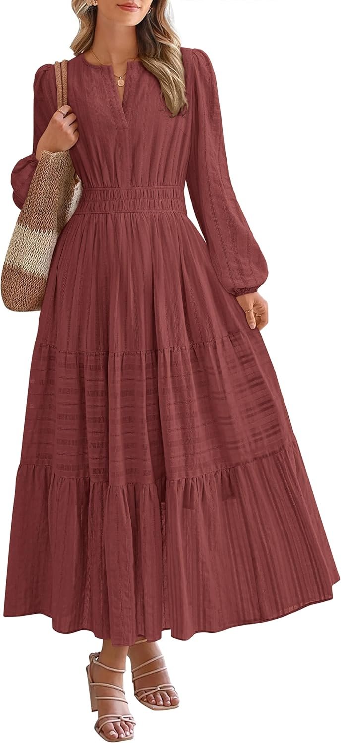 BTFBM Fall Dresses for Women 2025 Casual Long Sleeve V Neck Elastic Waist Lightweight Maxi Wedding Guest Dress Pockets