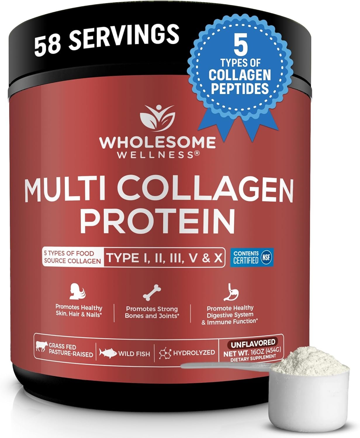 Wholesome Wellness Multi Collagen Protein Powder Hydrolyzed (Type I II III V X) Grass-Fed All-in-One Super Bone Broth + Peptides – Premium Blend of Beef, Chicken, Wild Fish, Eggshell, 58 Servings