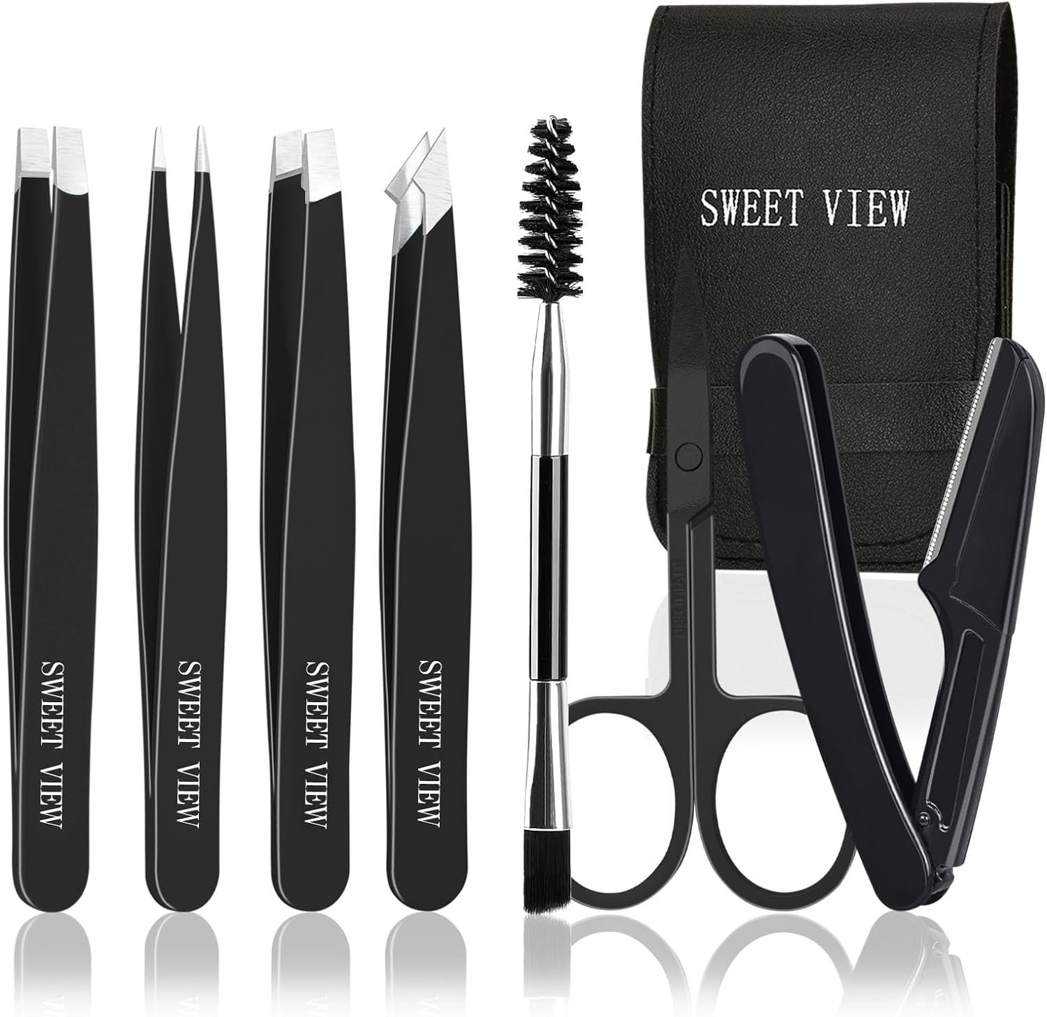 7pcs Eyebrow Tweezers Kit for Women Precision Plucker with Brow Scissors & Razor & Spoolie for Facial, Chin, Brow, Splinter and Ingrown Hair