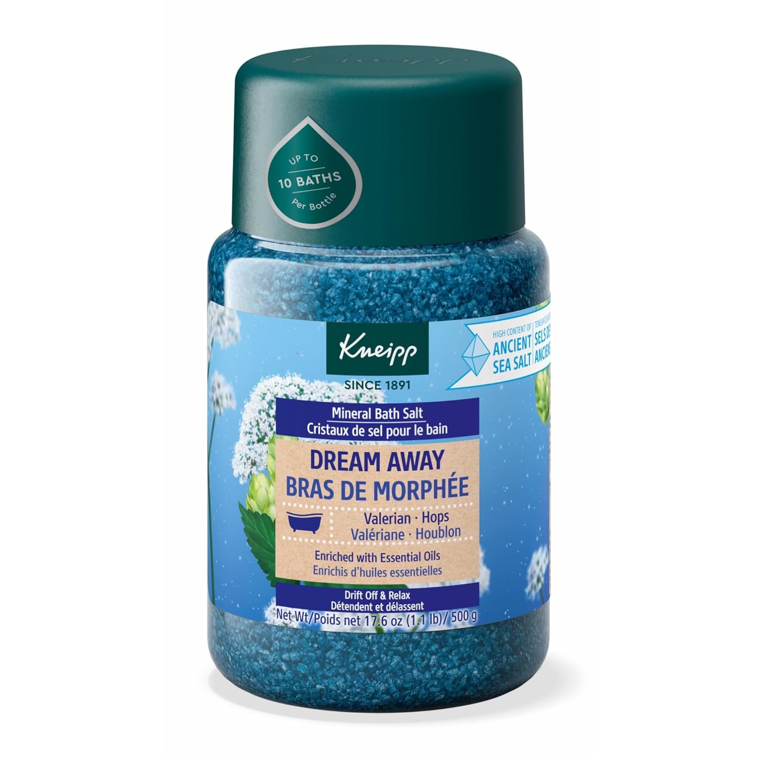Kneipp Dream Away Mineral Bath Salt with Valerian & Hops – Soothing Bedtime Bath Blend – 17.6 oz – Up to 10 Baths