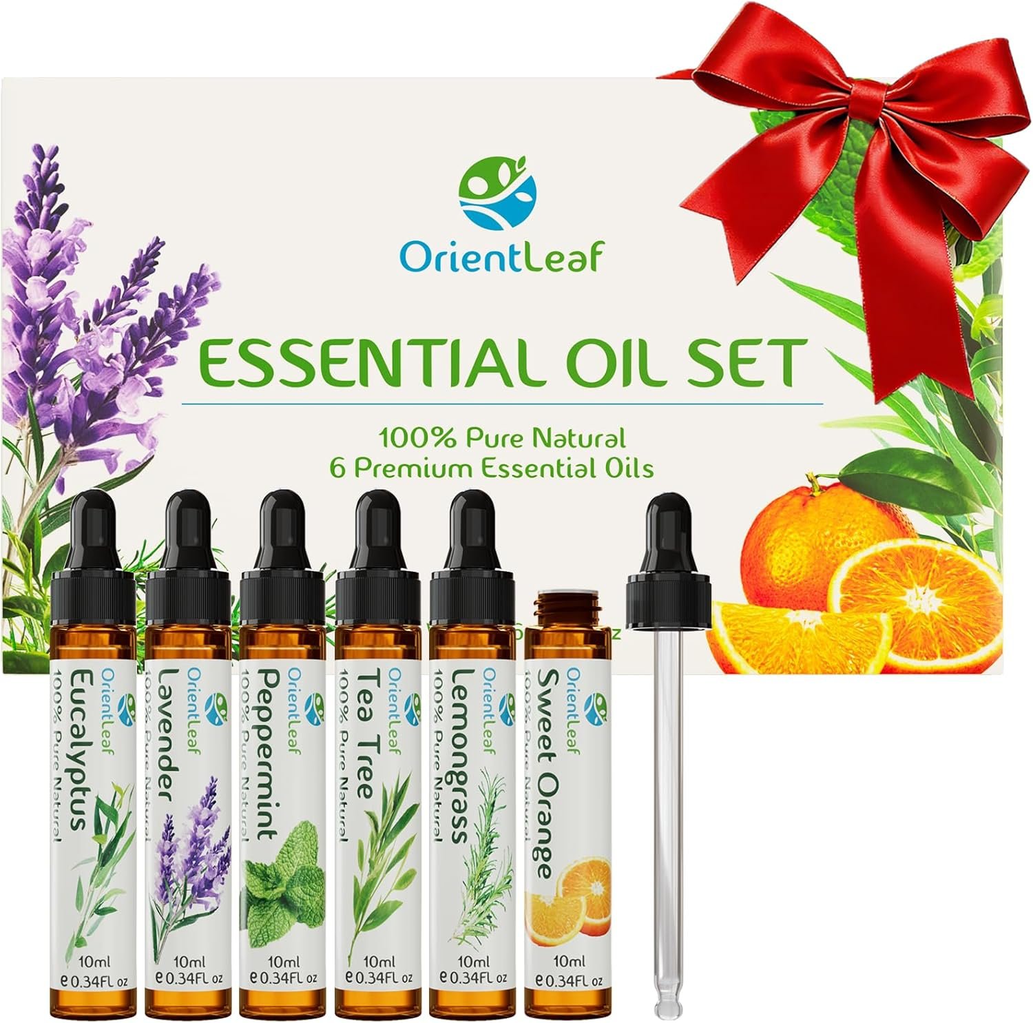 Essential Oils Set for Diffusers, Christmas Essential Oils Gifts for Women, Aromatherapy Stocking Stuffers, Lavender, Eucalyptus, Lemongrass, Sweet Orange, Peppermint, Tea Tree (6x10ml)