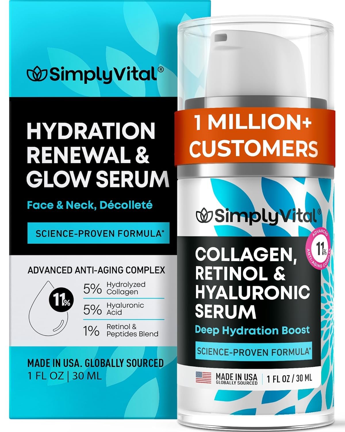 SimplyVital Collagen, Retinol & Hyaluronic Acid Serum – Anti-Aging Moisturizer for Face, Neck & Décolleté – Made in USA, Deep Moisturizing Skin Care Complex – Hydrating Facial Serum for Women, 1 fl.oz