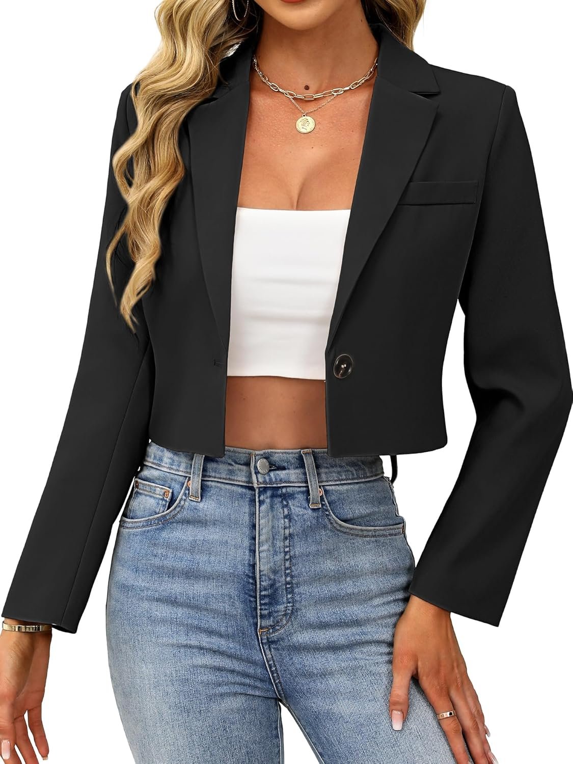 ELLEVEN Women’s Cropped Blazer Business Casual Open Front Long Sleeve One Button Jacket