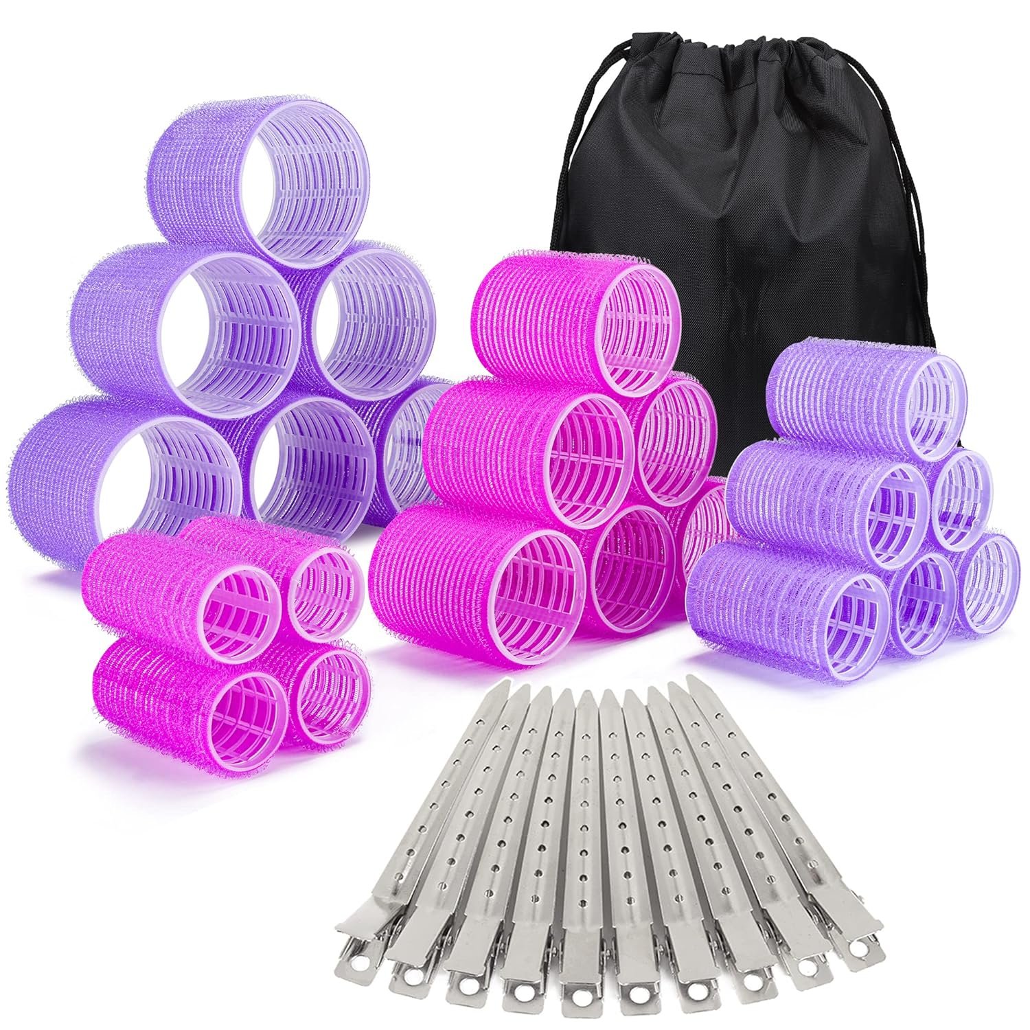 33 Piece Hair Rollers set, Self Grip Hair Rollers for Long Medium Short Hair, ELASO Large Medium Hair Curler （22 Rollers + 10 Stainless steel Clip +1 Storage Bag）