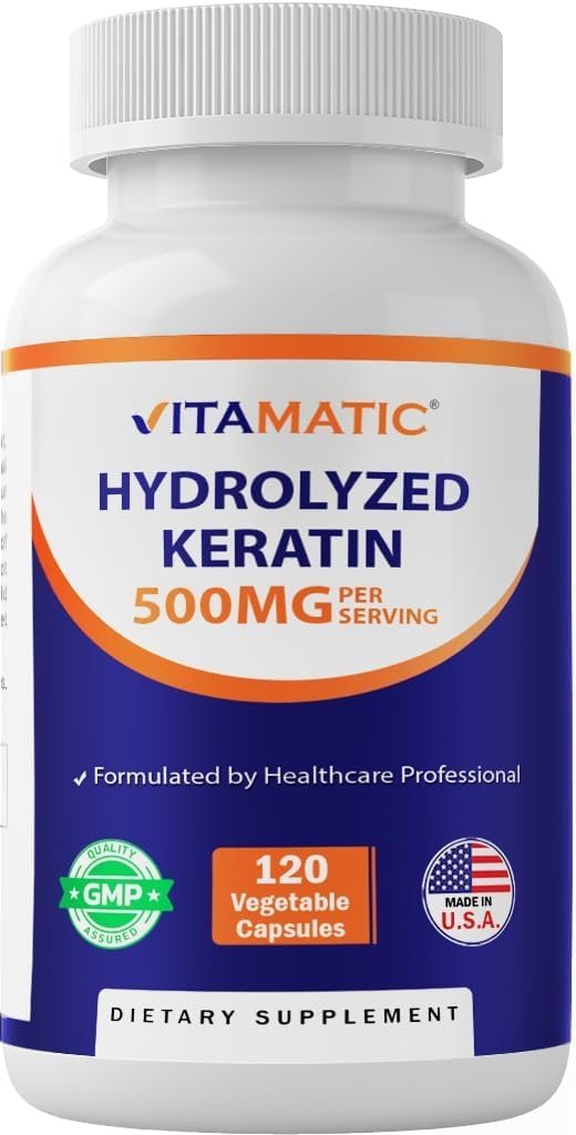 Vitamatic Hydrolyzed Keratin 500mg per Serving – 120 Vegetarian Capsules – Keratin Supplements for Healthy Hair Skin & Nails for Adults