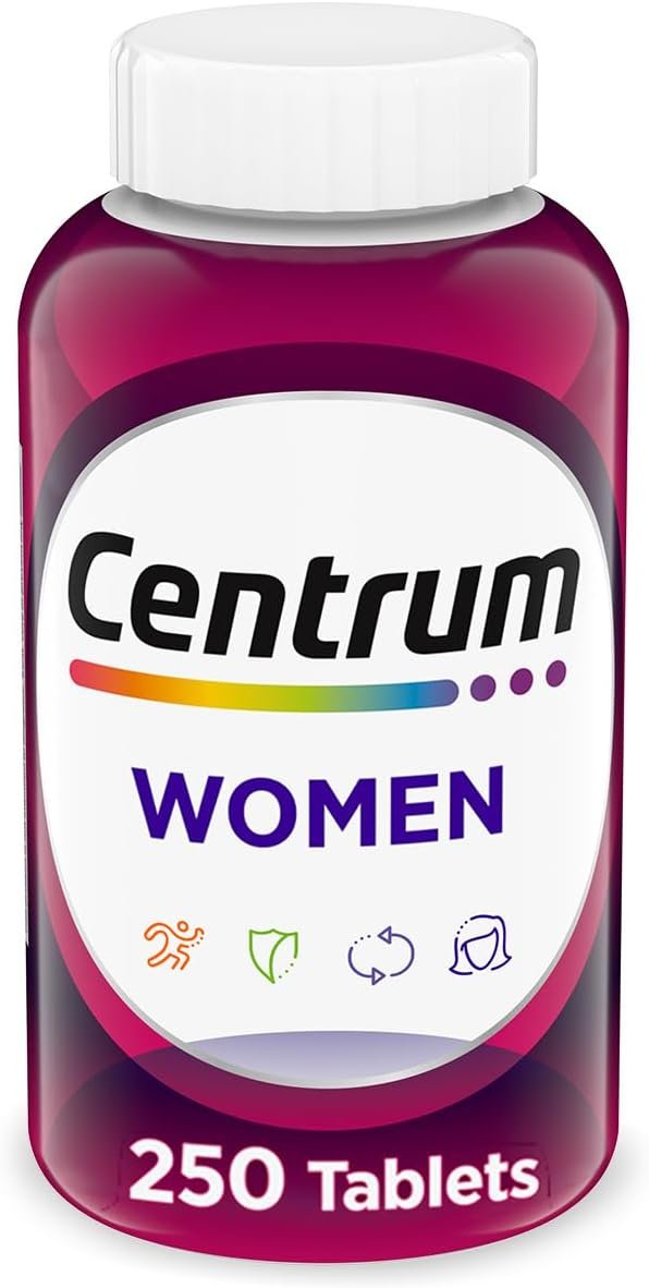 Centrum Multivitamin for Women, Multimineral Supplement with Iron, Vitamin D3, B Vitamins and Antioxidant Vitamins C and E, Gluten Free, Non-GMO Ingredients – 250 Count