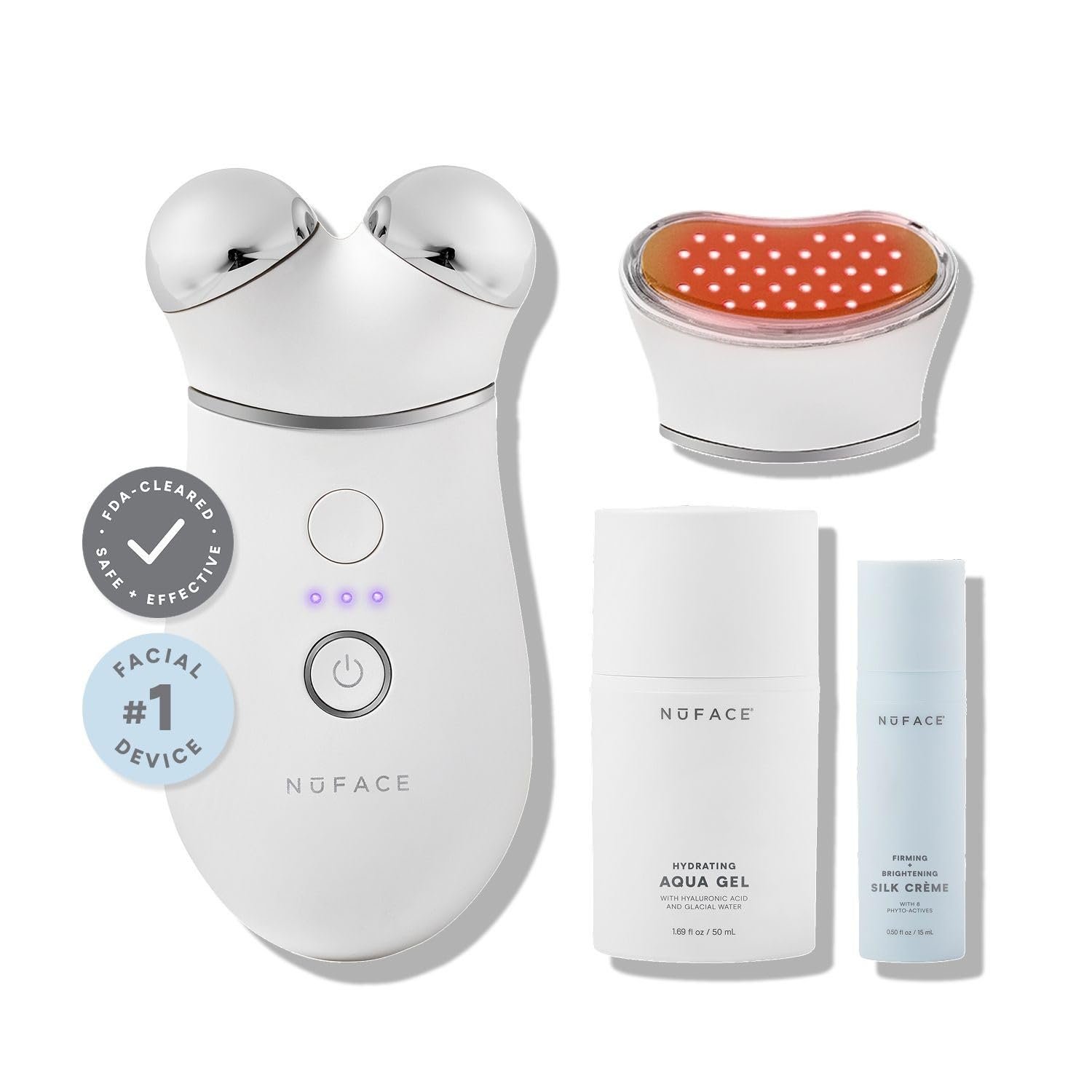 NuFACE Trinity+ Microcurrent Facial Device + LED Red Light Wrinkle Reducer Attachment – FDA Cleared Skin Tightening Device + Microcurrent Gel Activator & Silk Creme