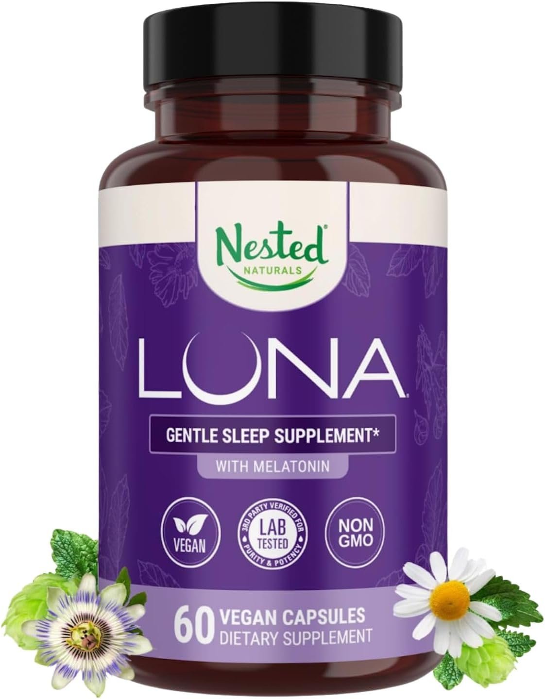 Nested Naturals Luna Sleep Aid – Non-Habit Forming Natural Sleeping Pills for Adults with Naturally Sourced Ingredients – Valerian Root, Melatonin, Chamomile, Lemon Balm, and More – 60 Vegan Capsules