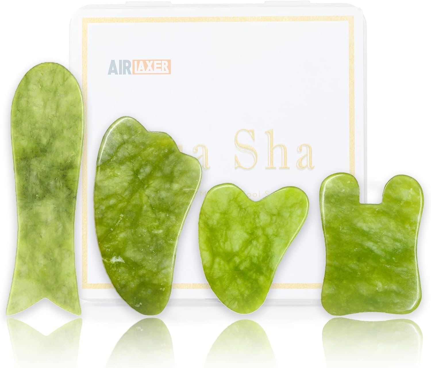 AIRLAXER Gua Sha Facial Tools Set,Guasha Massage Kit for Face and Body,Scraping Massage Board 4-Piece Set Physical Therapy,Gusha Jade Stone Also be Used on The Chin,Neck and Back. (Grass Green)