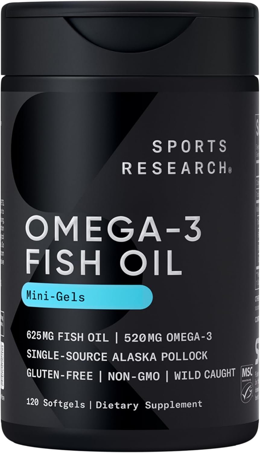 Sports Research® Omega-3 ­­Fish Oil Mini-Softgels – Sourced from Wild Caught Alaska Pollock – Burpless, Bovine Free, Non-GMO, & MSC Certified Sustainable – 120 Count