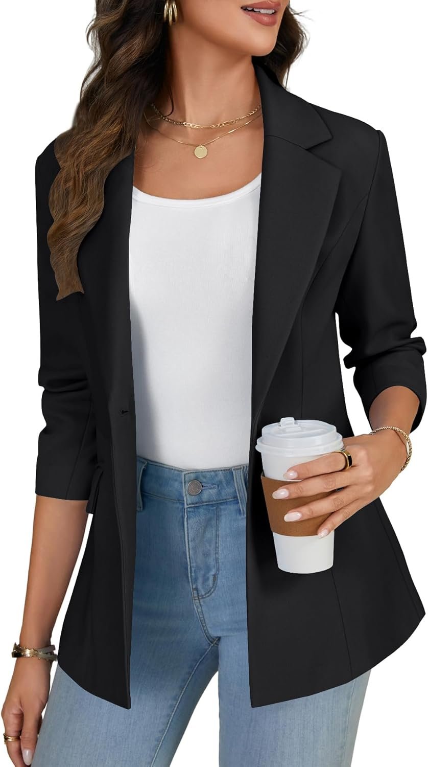 LYANER Women’s Open Front Lapel 3/4 Sleeve Button Business Casual Blazer Jackets with Pockets