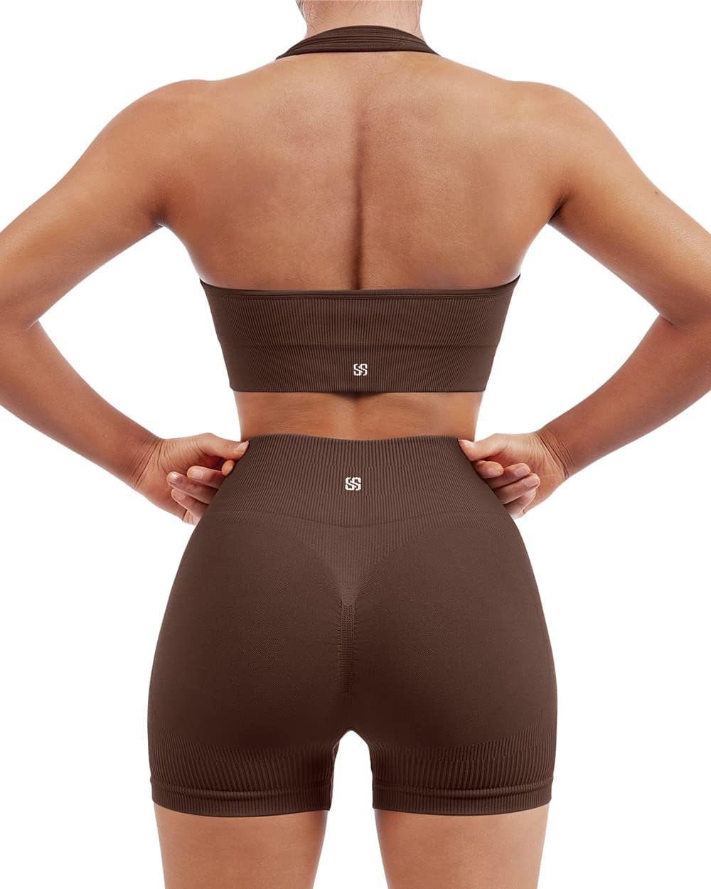 SUUKSESS Women Seamless Ribbed Workout Set Backless Sports Bra Booty Biker Short