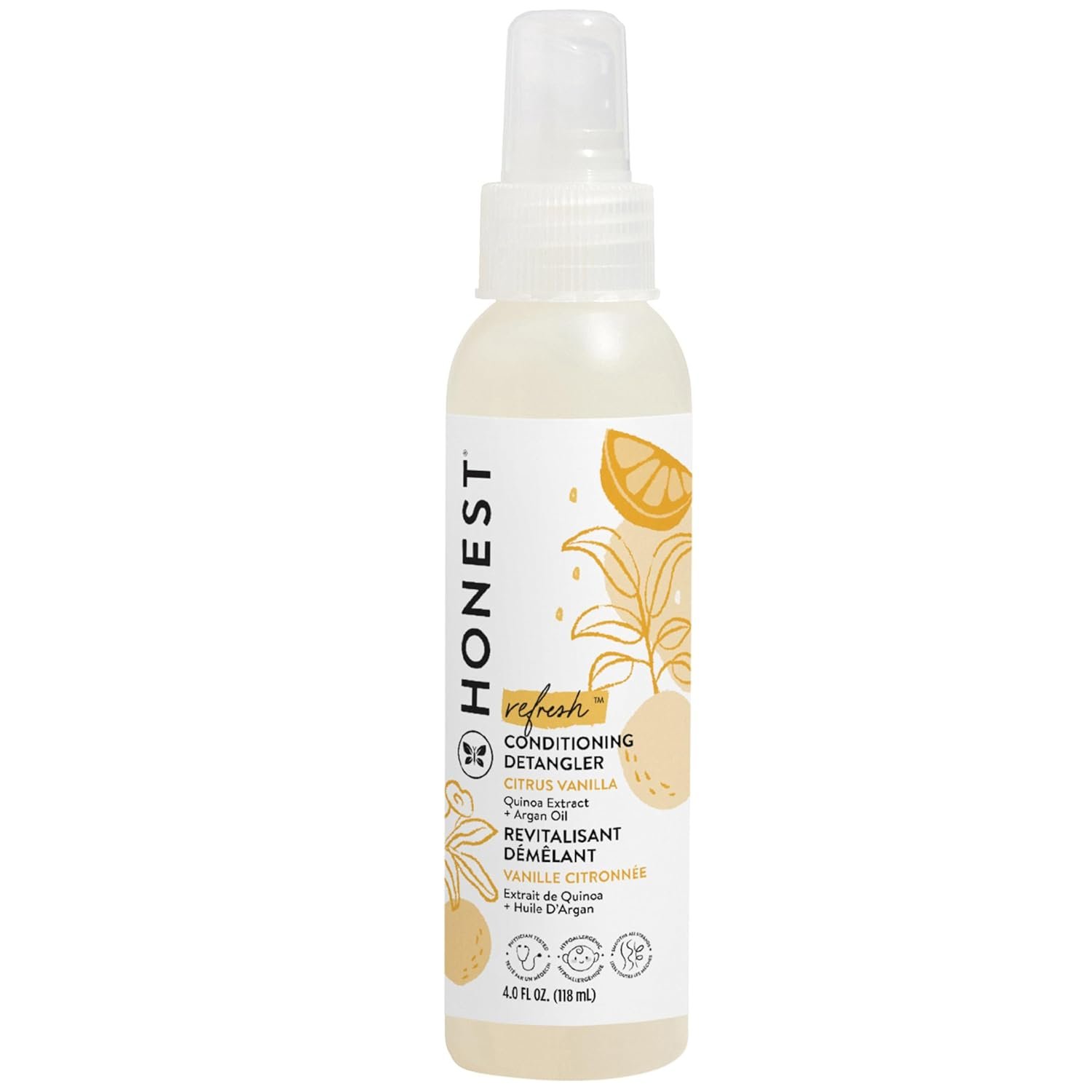 The Honest Company Conditioning Hair Detangler, Tear-Free, Hypoallergenic, Leave-In Conditioner and Fortifying Spray, Citrus Vanilla Refresh, 4 fl oz