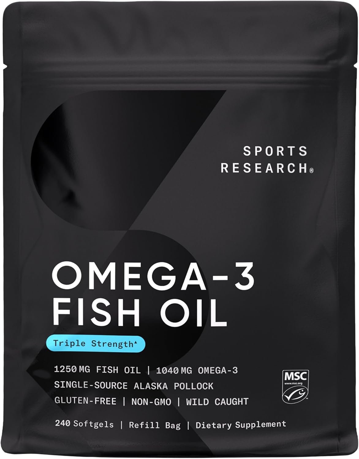 Sports Research Triple Strength Omega 3 Fish Oil – Burpless Fish Oil Supplement w/EPA & DHA Fatty Acids from Wild Alaskan Pollock – Heart, Brain & Immune Support for Men & Women – 1250 mg, 240 ct