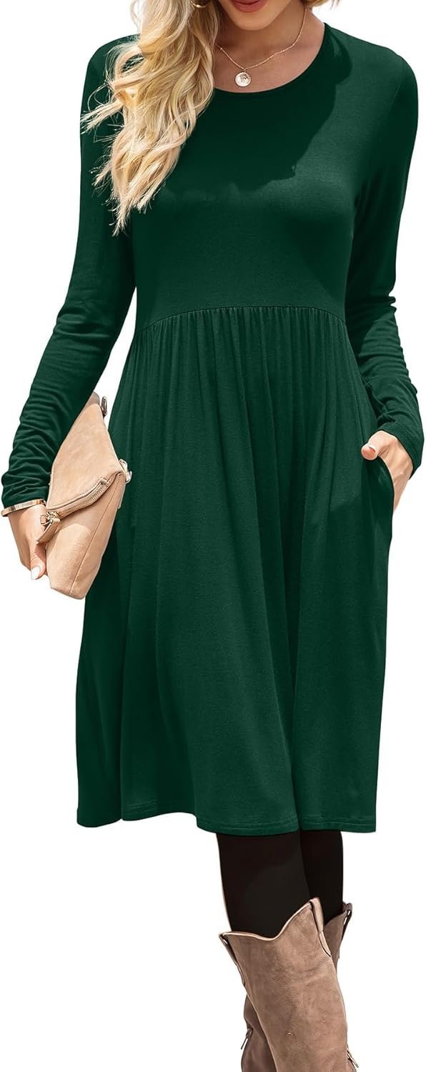 DB MOON Women Casual Long Sleeve Dresses Empire Waist Knee Length Loose Dress with Pockets
