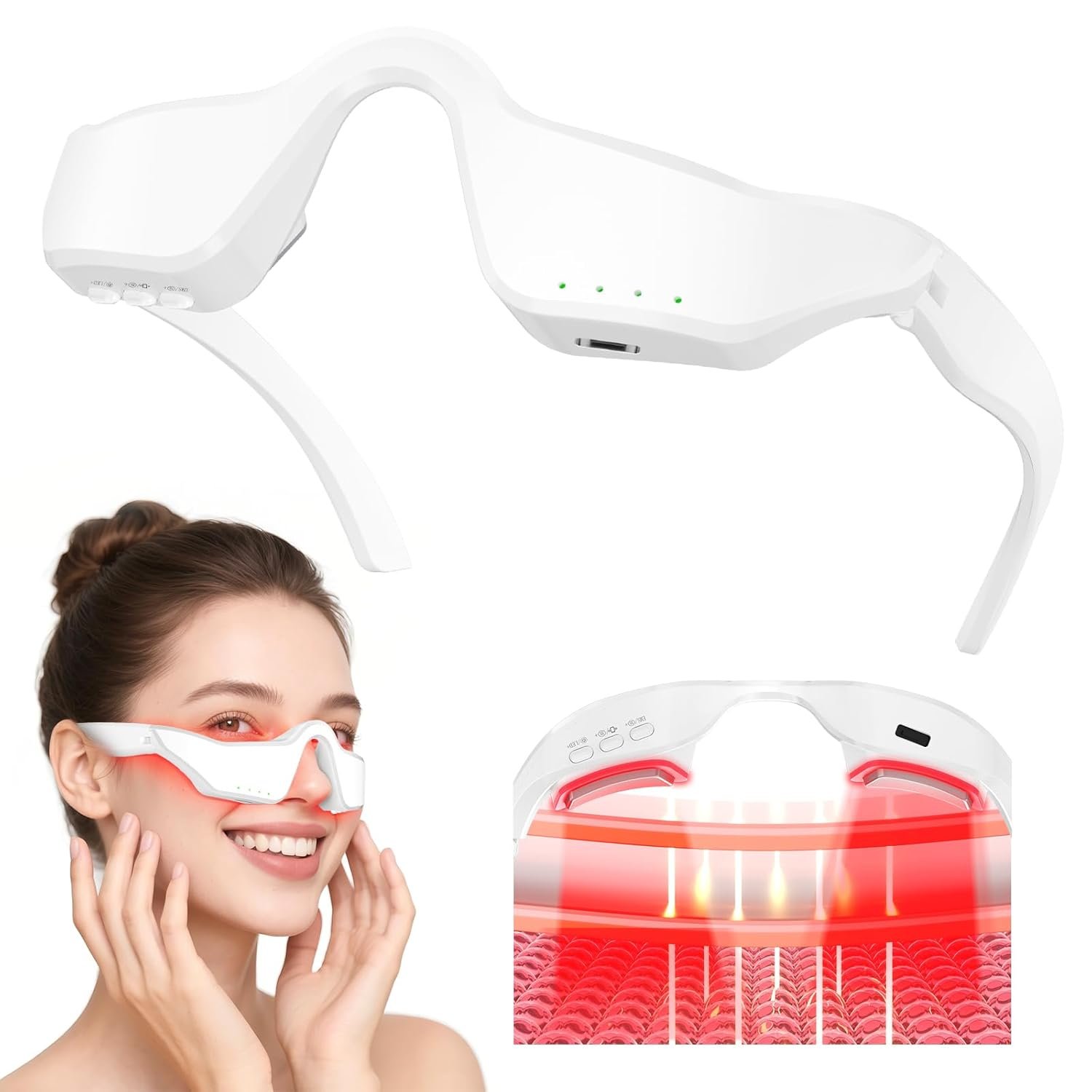 5-in-1 Smart Eye Massager Glasses – Red Light Therapy with Microcurrent, Heat & Vibration, for Eye Bags Dark Circles Puffiness Wrinkles Fine Lines Eye Strain Gift for Women & Men