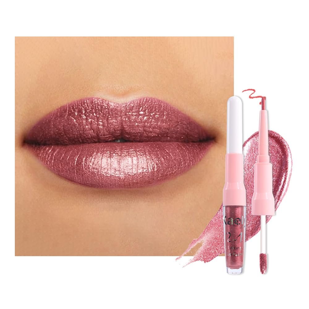 Kaely 2-in-1 Mauve Metallic Lipstick and Lip Liner Makeup, Shimmer Liquid Metallic Lipsticks for Women, Glitter Lip Gloss Stain Long Lasting Waterproof Smudge Proof 24 Hour, Vegan & Cruelty-Free, 16