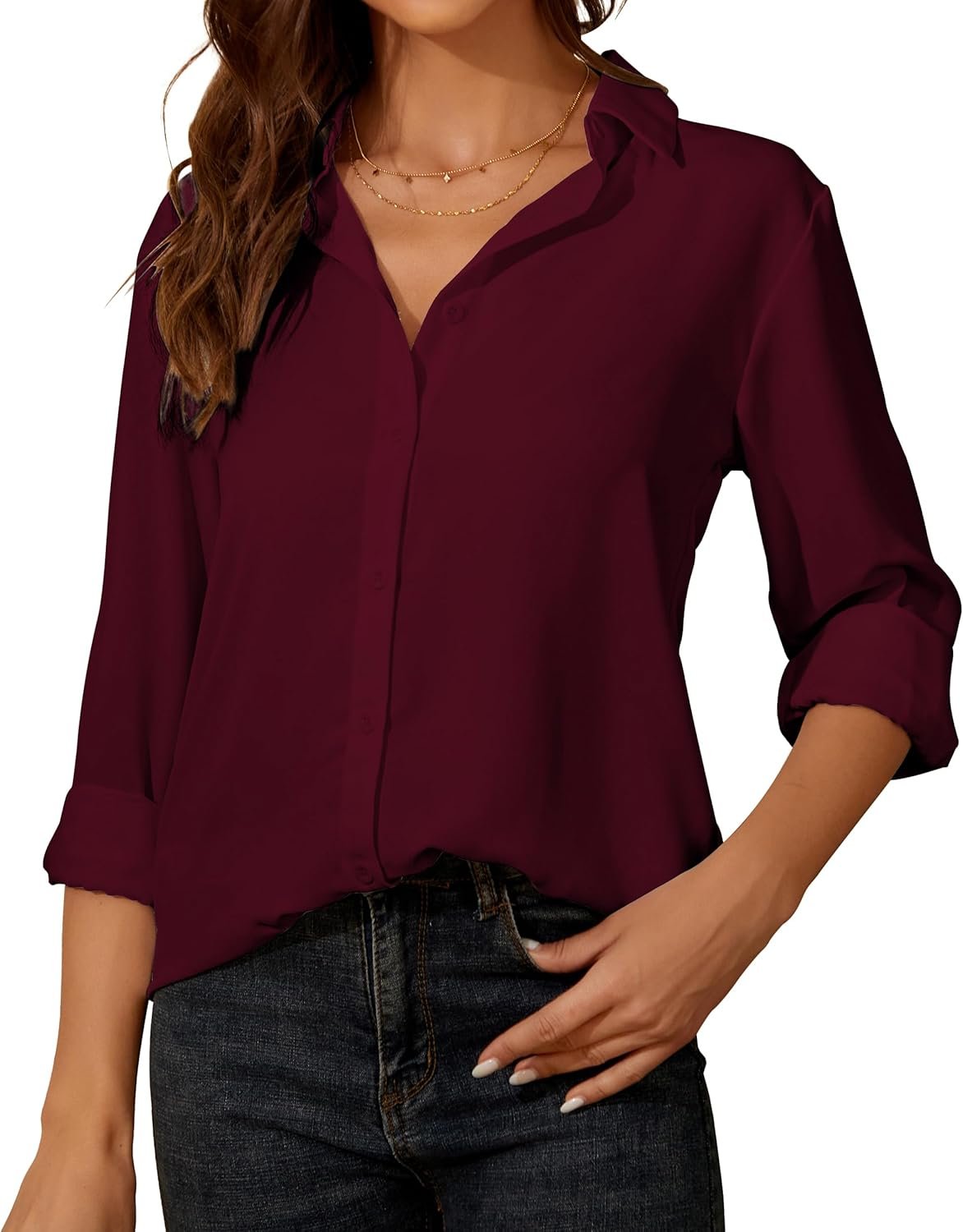 YAMANMAN Womens Button Down Shirt Long Sleeve Classic Collared Tops Work Office Casual Chiffon Blouse