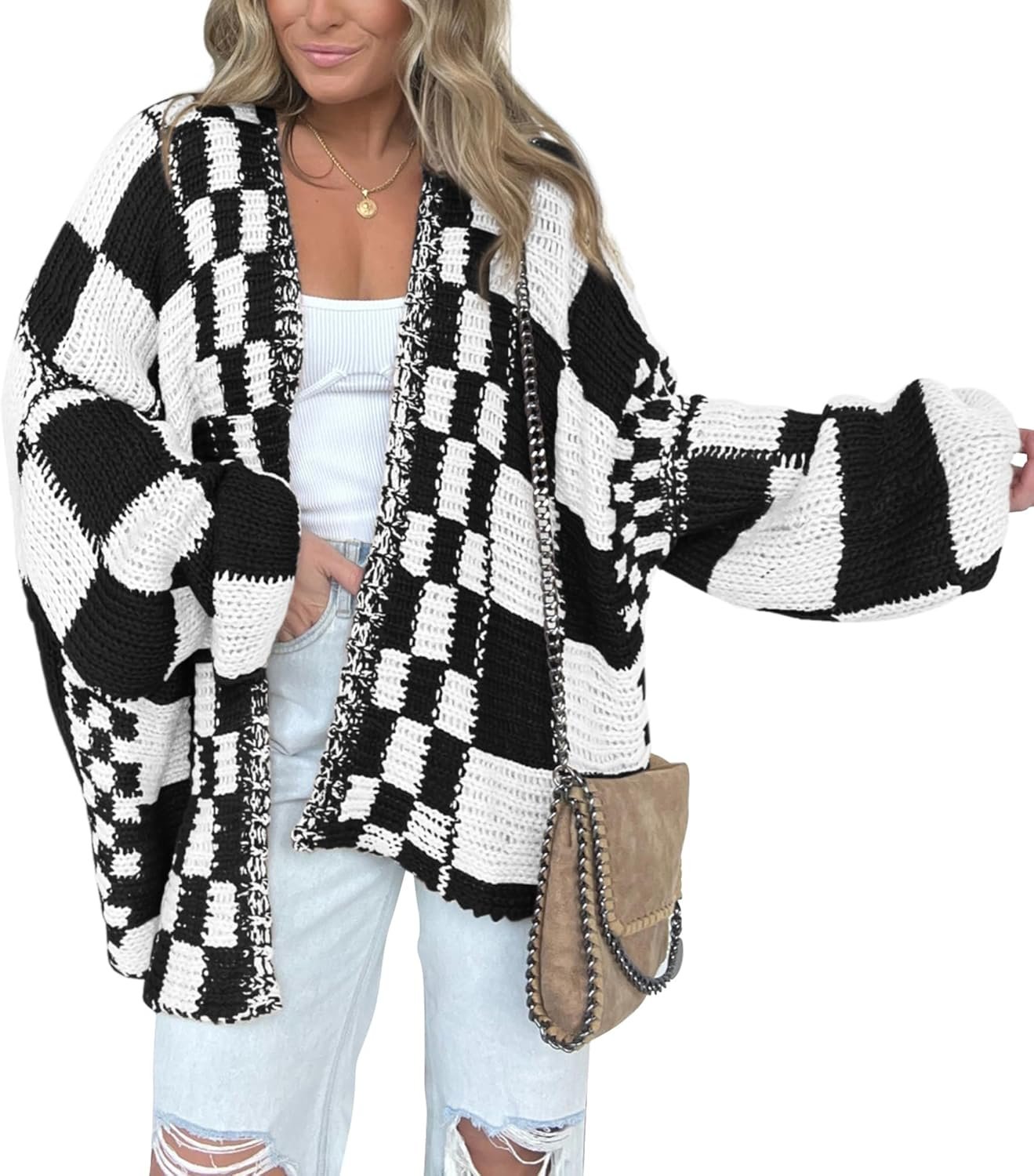 BTFBM Casual Cardigan Sweater for Women Fall 2026 Long Sleeve Open Front Chunky Knit Sweaters Checkered Outwear Coat