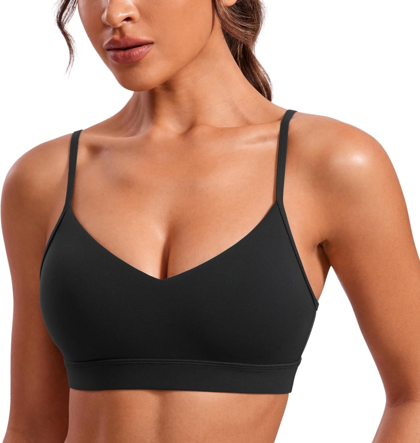 CRZ YOGA Butterluxe V-Neck Sports Bras for Women – Adjustable Thin Straps Padded Yoga Top Basic Wireless Camisole