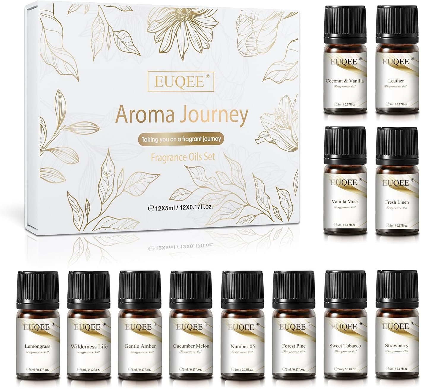 EUQEE 12pcs Fragrance Oils Gift Set, Premium Essential Oils Set for Diffuser, Candle, Soap Making, Travel, with Amber, Coconut&Vanilla, Fresh Linen, Leather, Forest Pine, Gift for Women and Men