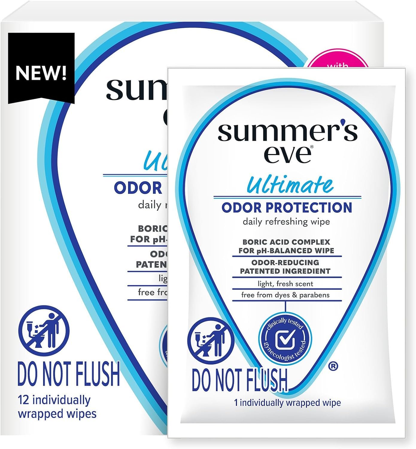 Summer’s Eve Ultimate Odor Protection Daily Feminine Wipes, Gentle pH-Balanced Formula with Boric Acid Cleanses & Removes Vaginal Odor, Individually Wrapped Body Wipes, 12 Count