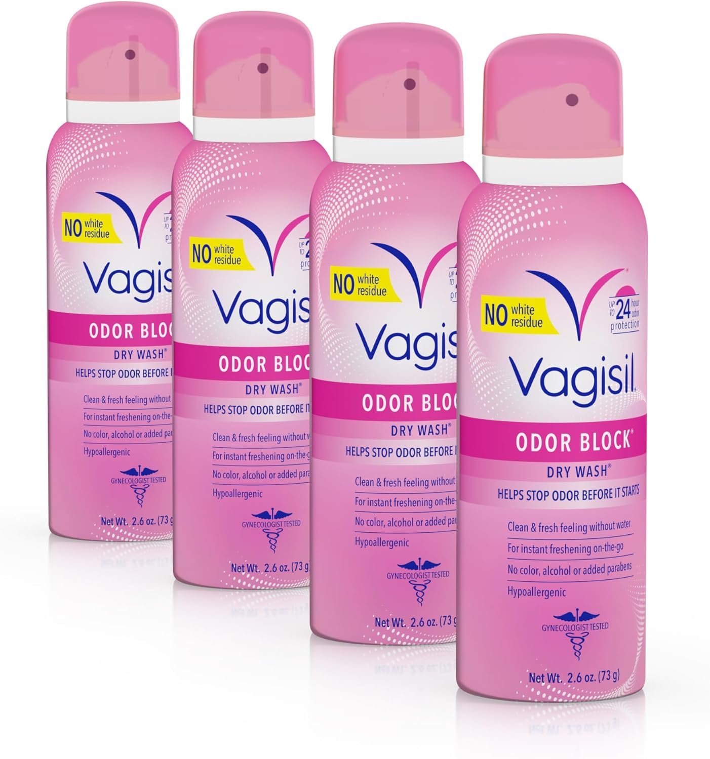 Vagisil Odor Block Dry Wash Spray for Feminine Hygiene, Gynecologist Tested, Hypoallergenic, 2.6 Ounces (Pack of 4)