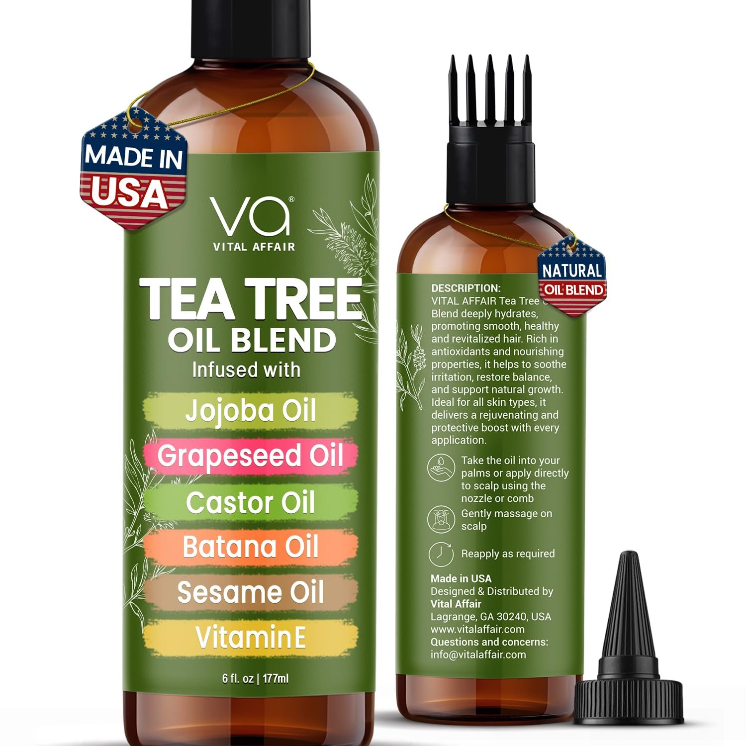 VITAL AFFAIR Tea Tree Oil For Hair With Jojoba, Castor, Batana Oil – Tea Tree Hair And Scalp Treatment – Hair Oil For Dandruff – Helps Strengthen, Volumize & Promotes Hair Growth – 6 Fl Oz