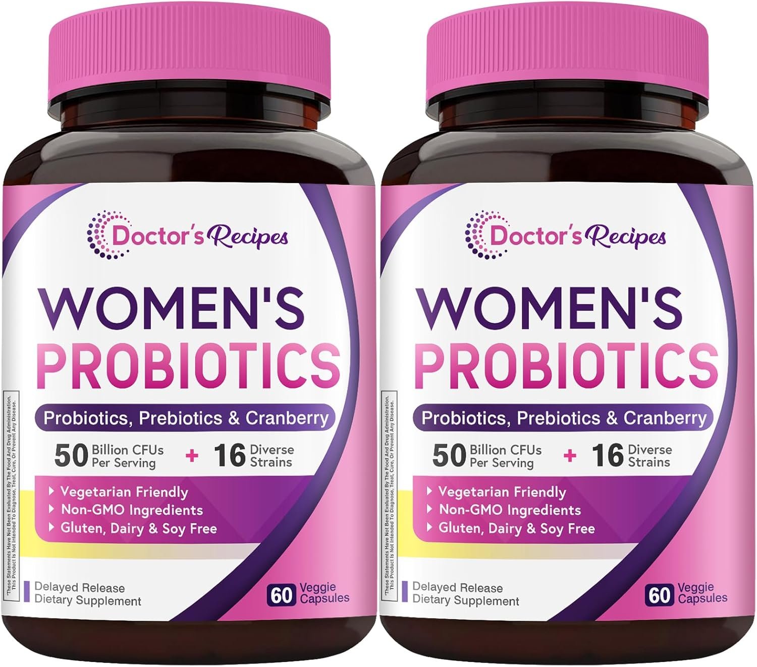 Doctor’s Recipes Women’s Probiotics, 120 Caps (Pack of 2) 50 Billion CFU 16 Strains, with Organic Prebiotics Cranberry, Shelf Stable, Delayed Release, No Soy Gluten Dairy