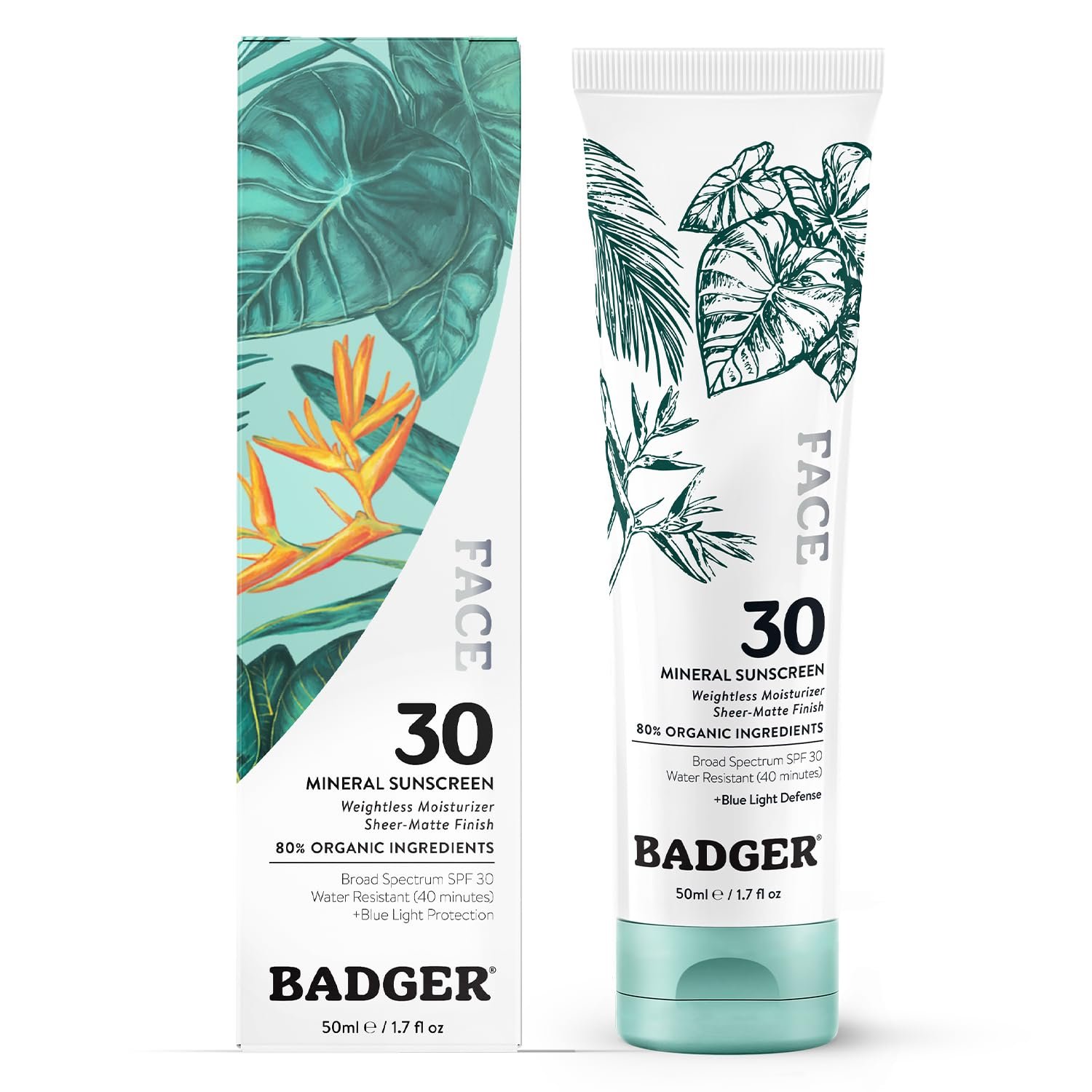 Badger Zinc Oxide Face Sunscreen SPF 30, Lightweight Mineral Sunscreen for Face, Matte Finish, No White Cast, Vegan, Water Resistant, Unscented, Mineral Sunblock Face Lotion, 1.7 fl oz