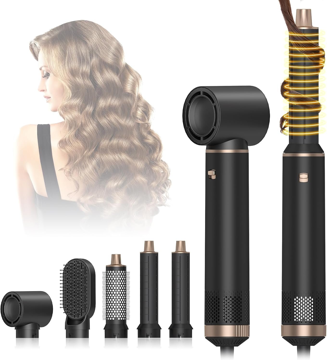 5 in 1 Hot Air Brush – Blow Dryer Brush & Air Curling Wrap Styler with Negative Ion Technology, Hair Dryer Brush for Drying, Curling, Straightening & Styling, Holiday Gift for Women (Black)