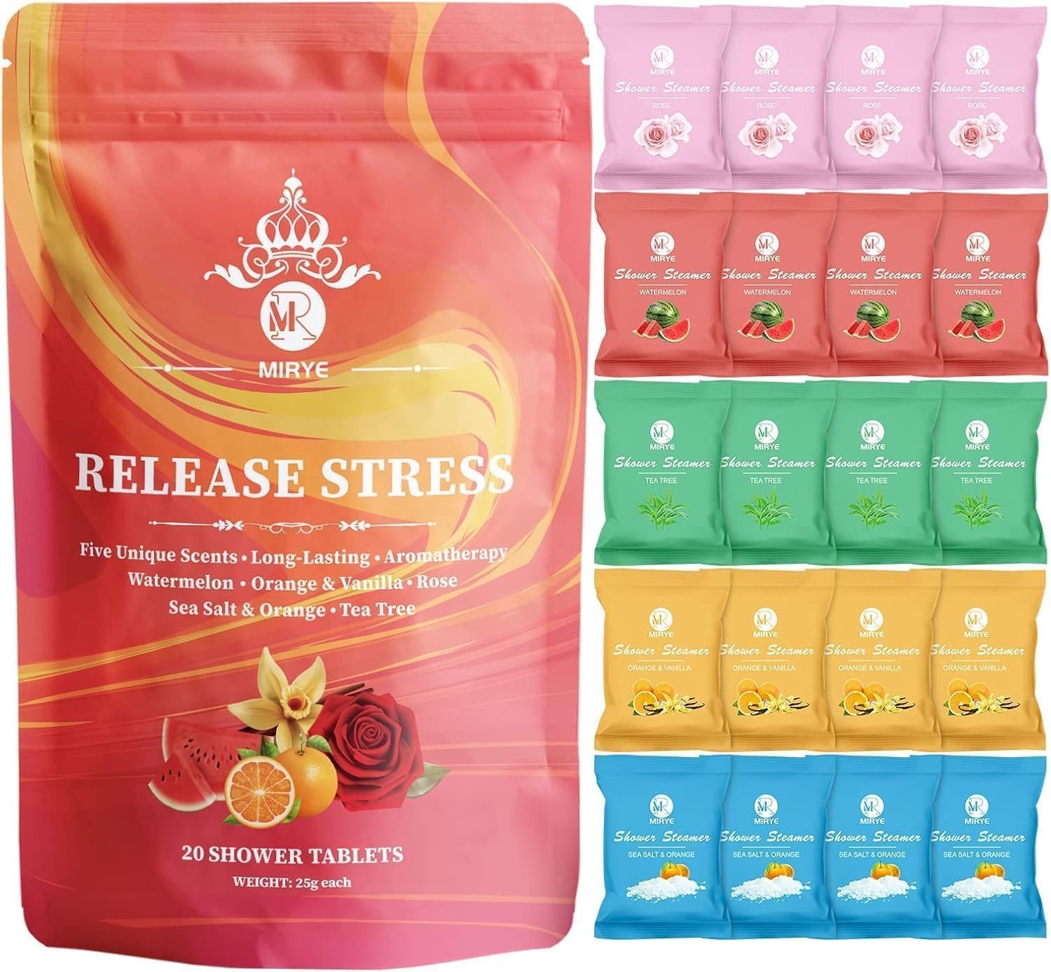 MR MIRYE Shower Steamers Aromatherapy – 20 Pack Shower Bombs Aromatherapy Birthday Gifts for Women, Organic Watermelon, Orange & Vanilla, Sea Salt & Orange, Rose, Tea Tree, Gift for Women