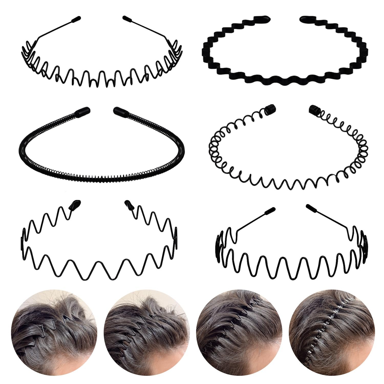fenshine 6PCS Metal Hair Bands, Spring Wavy Hoop Unisex Black Headband Slicked Back Non Slip Sports Hairband for Women Men…