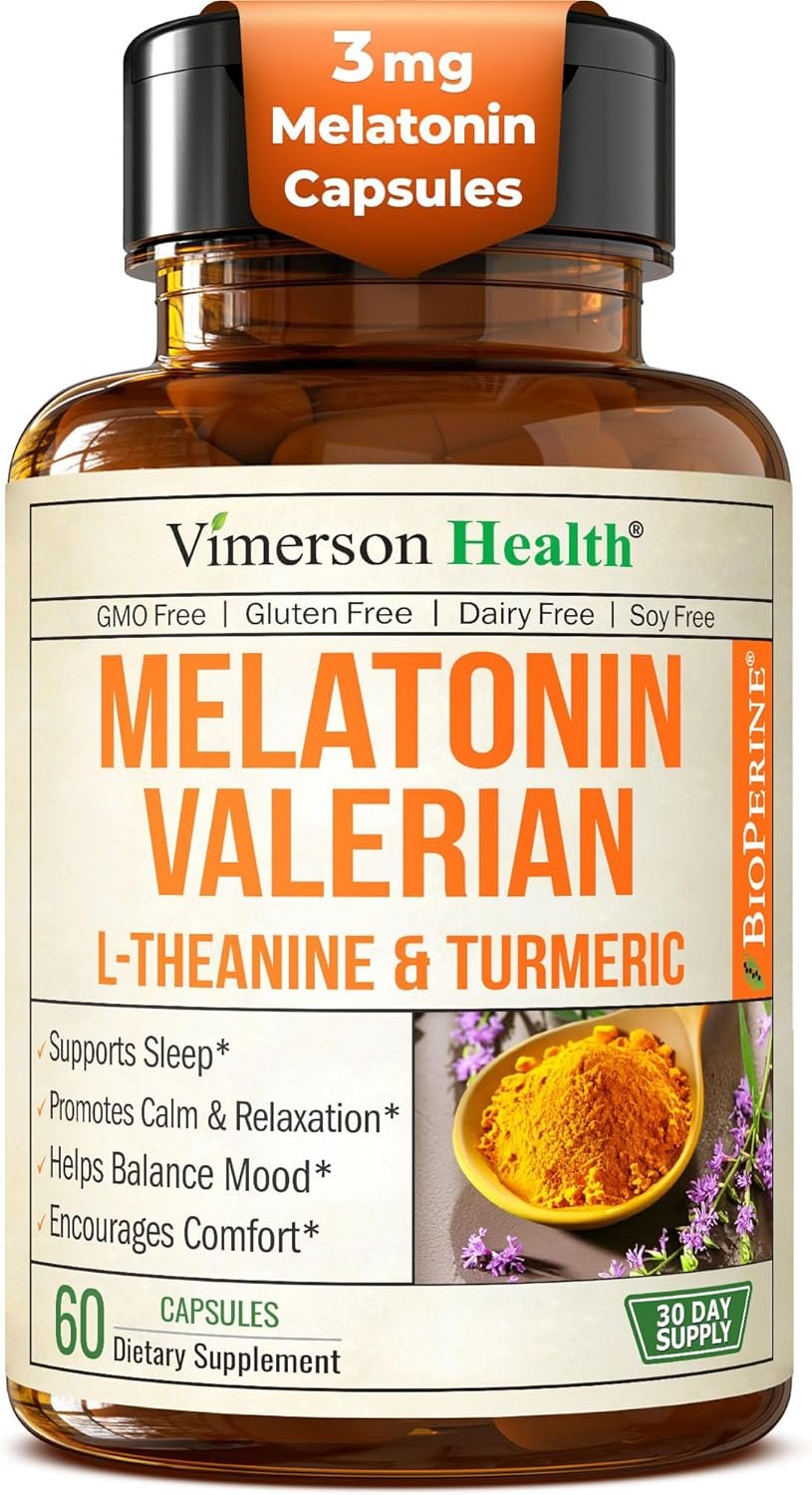 Melatonin Sleep Aid with L Theanine & Valerian Root – Turmeric Supplement – Turmeric Curcumin with Ginger & Black Pepper – L-Theanine & Melatonin 3mg for Sleep, Calm and Stress Relief – 60 Capsules
