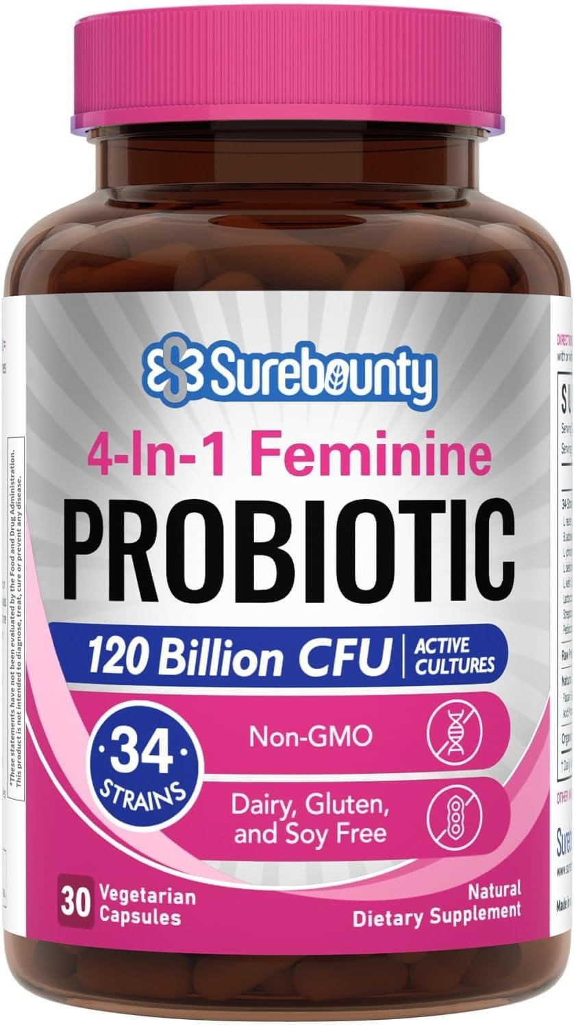 Surebounty Probiotics for Women, 120 Billion CFU 34 Strains, Prebiotics, Digestive Enzymes, Cranberry, 4-in-1 Feminine Probiotic, Digestive, Vaginal, Immune Support, 30ct