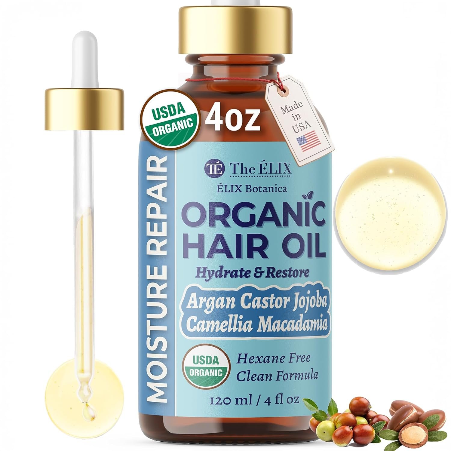 USDA Organic Hair Oil for Frizzy Hair with Argan Jojoba & Castor | Frizz Control Hair Treatment for Curly Hair | Hair Serum & Moisturizer for Dry, Damaged Hair | Cold Pressed Hair Products for Women