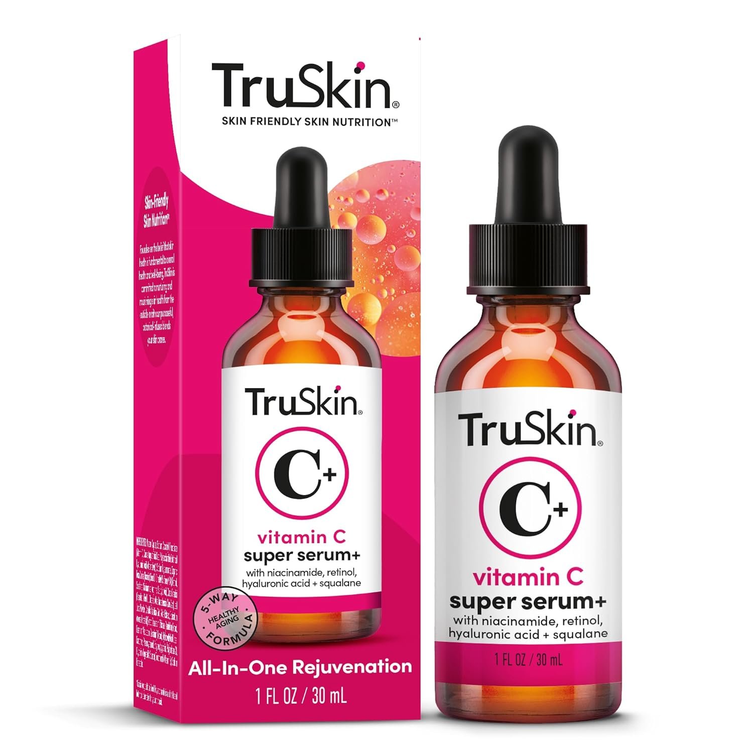 TruSkin Vitamin C Super Serum – Niacinamide, Retinol, Hyaluronic Acid & Squalane – All-in-One Anti Aging Serum for Face – Improve Appearance of Dark Spots, Firmness for Brighter Looking Skin, 1 Fl Oz
