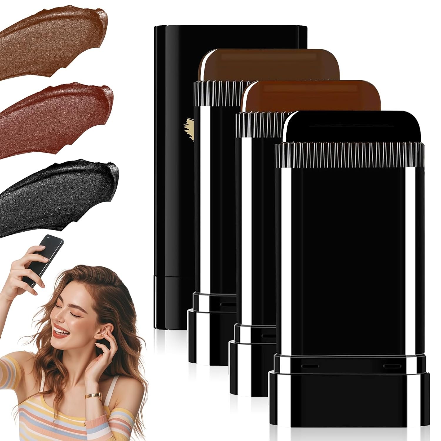 3PCS 2 in 1 Instant Hair Color Stick, Waterproof and Sweat Proof Hair Dye Stick, Portable 3 Color Touch-Up Hair Sticks With Comb for Women Men