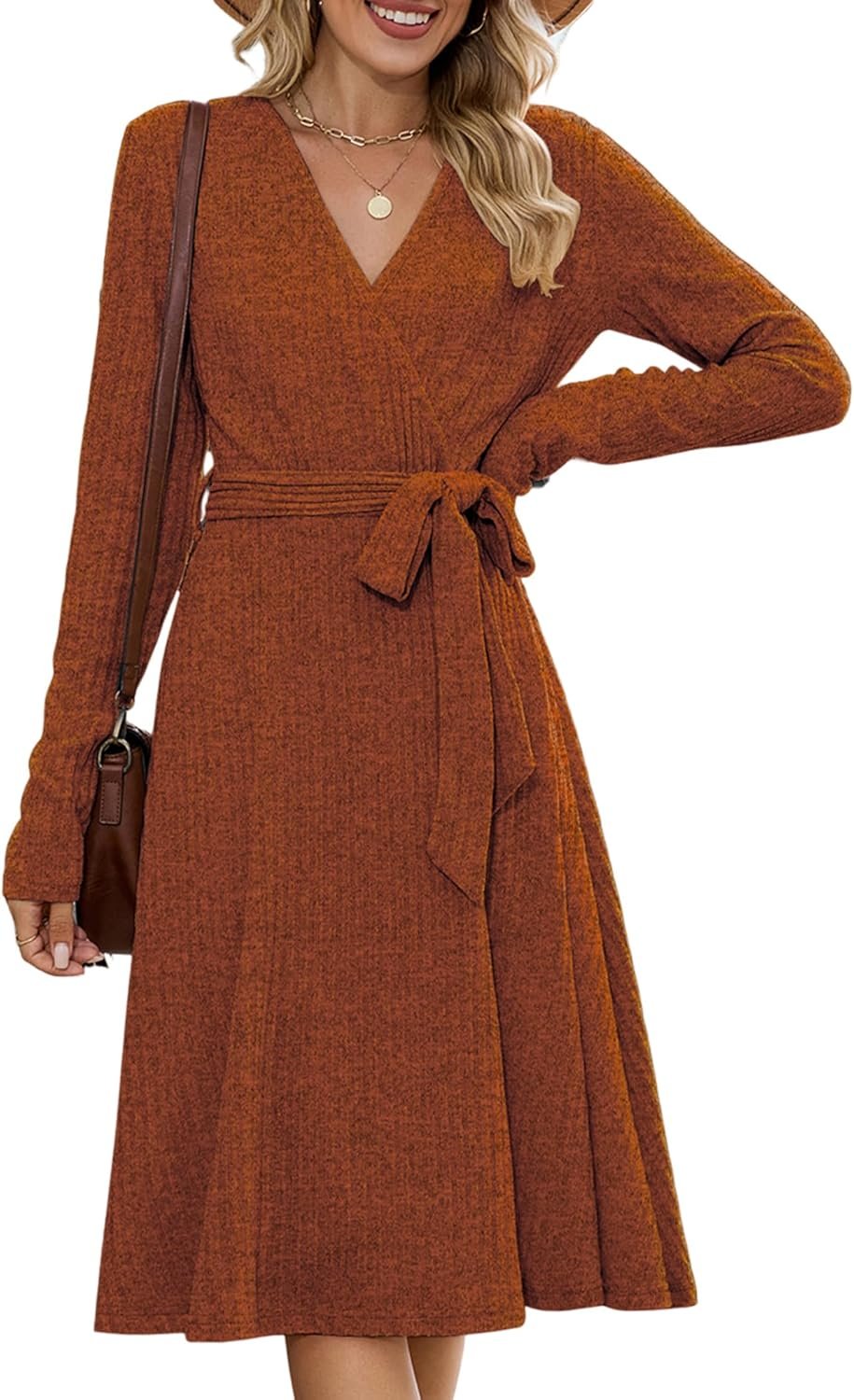 ZAFUL Women’s 2025 Casual V Neck Long Sleeve Sweater Dress Wrap Ribbed Knit Pleated Midi Dresses with Belt