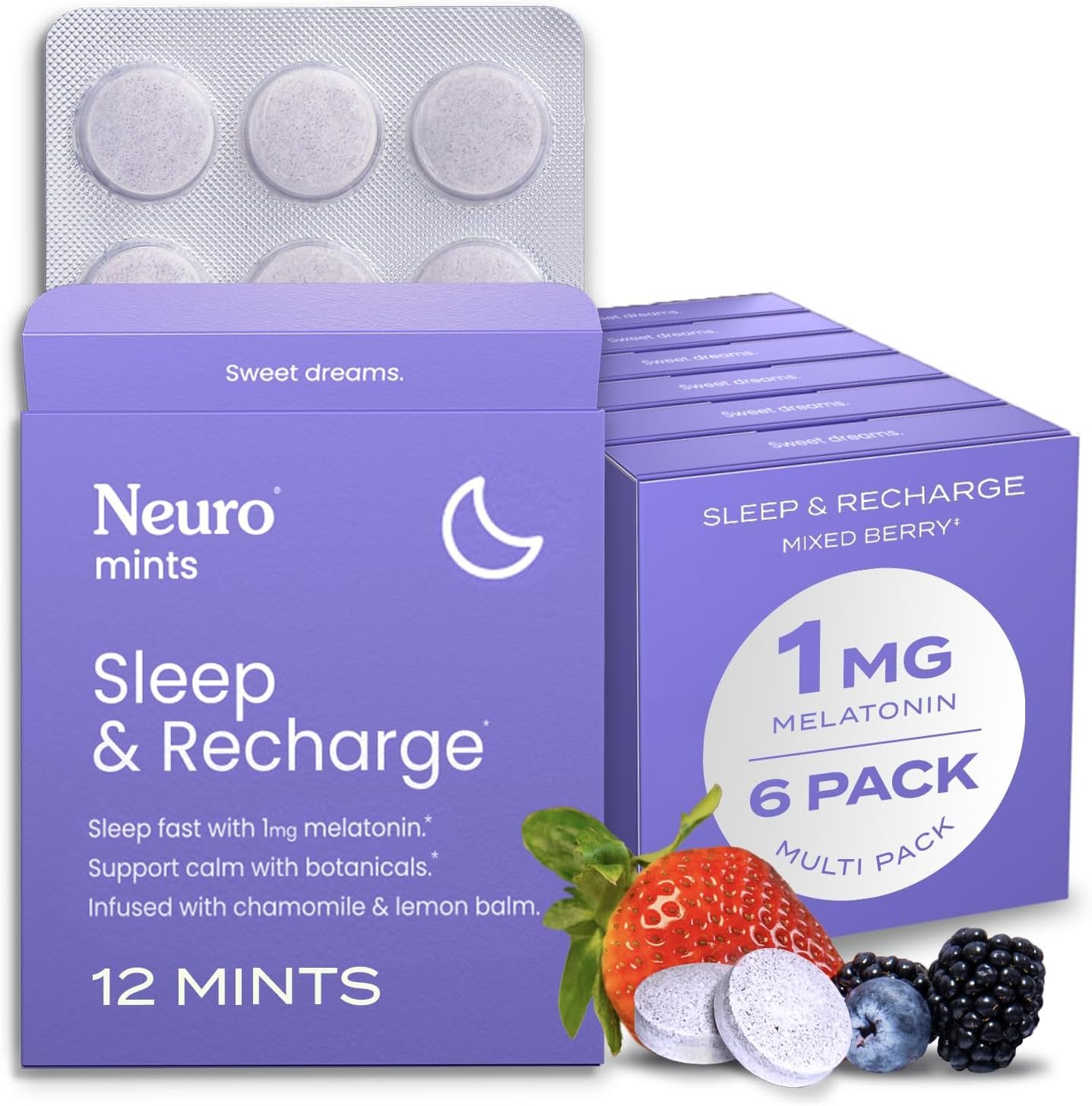 Neuro Sleep & Recharge Meltaway Mints – Contains Melatonin 1 mg, Chamomile & Elderberry – Travel Aid for Nighttime Relaxation & Healthy Sleep Cycle – Mixed Berry, 72 ct