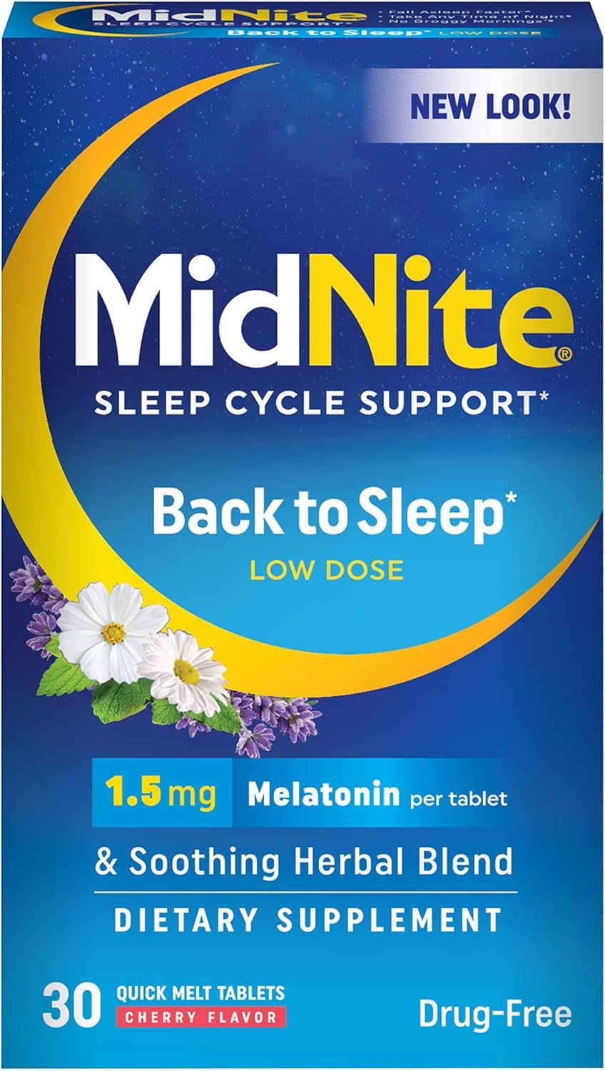 MidNite Back to Sleep Low Dose, 1.5 mg Melatonin Sleep Aid, Non-Habit Forming, Herbal Dietary Supplement for Adults, Drug-Free, Gluten-Free, Lactose-Free, Vegetarian, Vegan, 30 Quick Melt Tablets