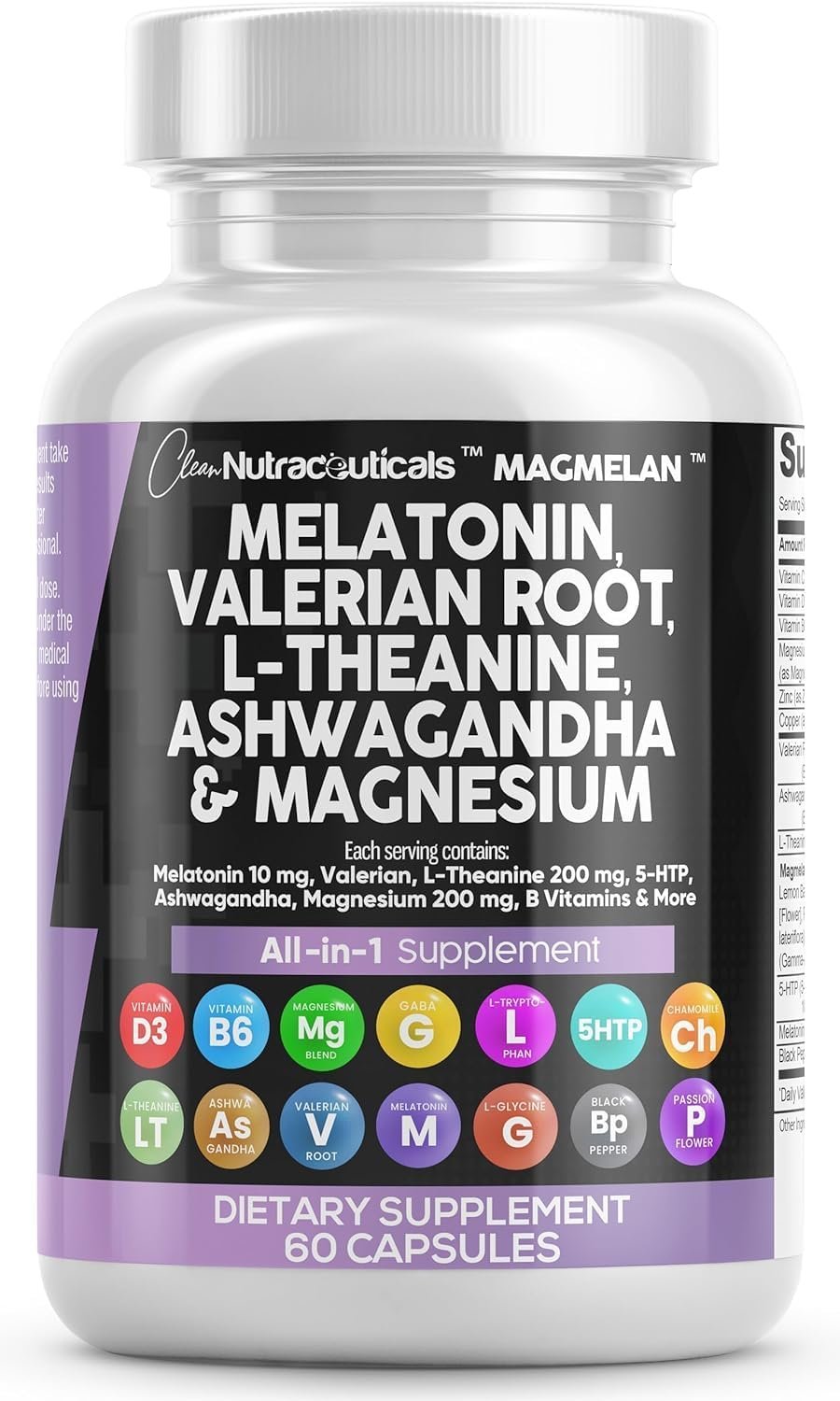 Clean Nutraceuticals Melatonin 10mg Valerian Root L Theanine 200mg Ashwagandha – Sleep Support for Women & Men with Magnesium Complex, Lemon Balm, Chamomile, & Passion Flower – 60 Caps